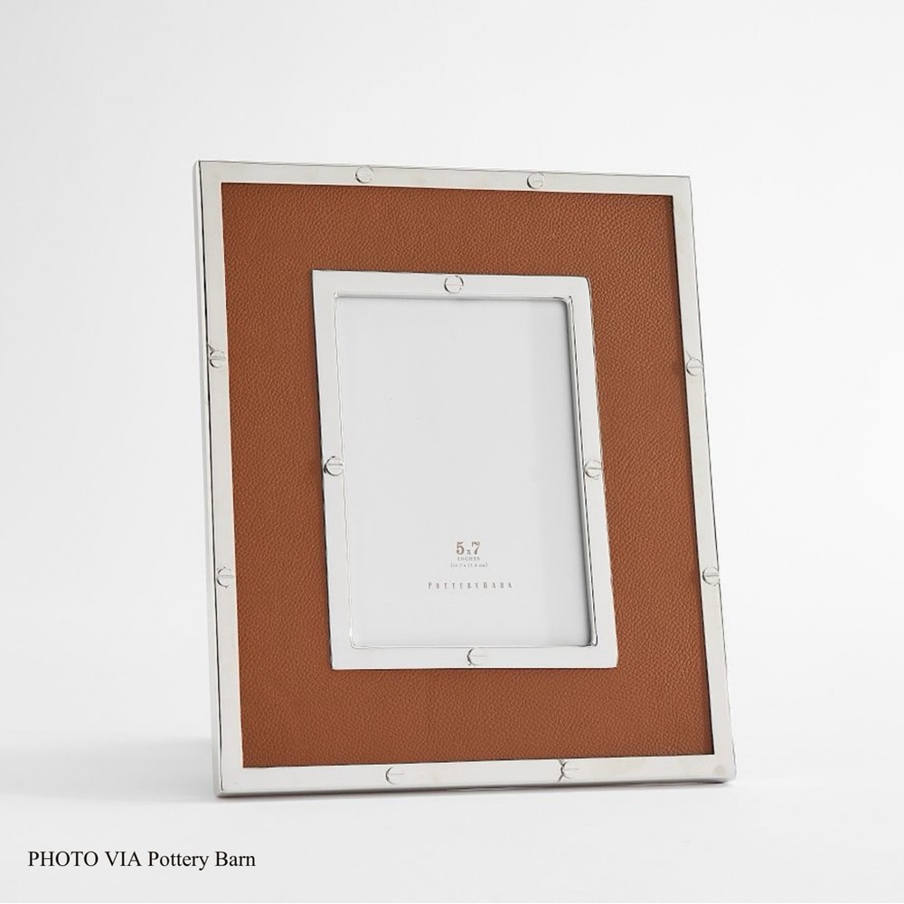 Pottery Barn Silver and Tan Leather Frame for Sale.